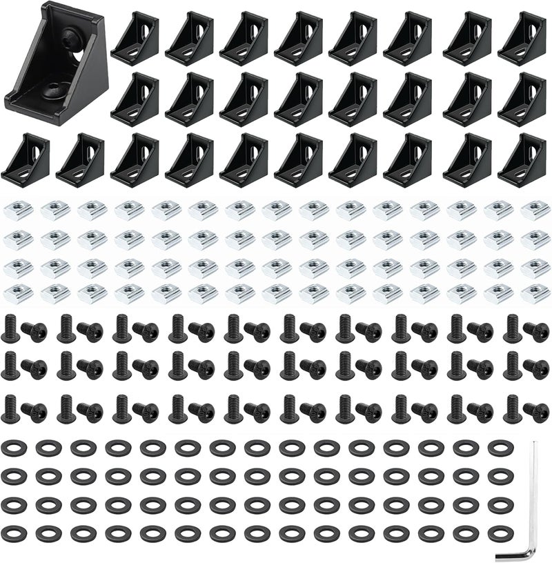 PETOX 30 Set Black 2020 Series Aluminum Extrusion Profile Connector, Includes 1pc Wrench, 30pcs 2028 Corner Bracket, 60pcs T-Slot Sliding Nuts and M5 Hex Screw Bolt for 20S Aluminum Rail Accessories - Image 1